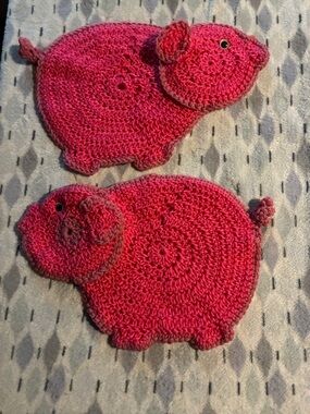 Handmade Pink Crocheted Pig Pot Holders - Set of 2